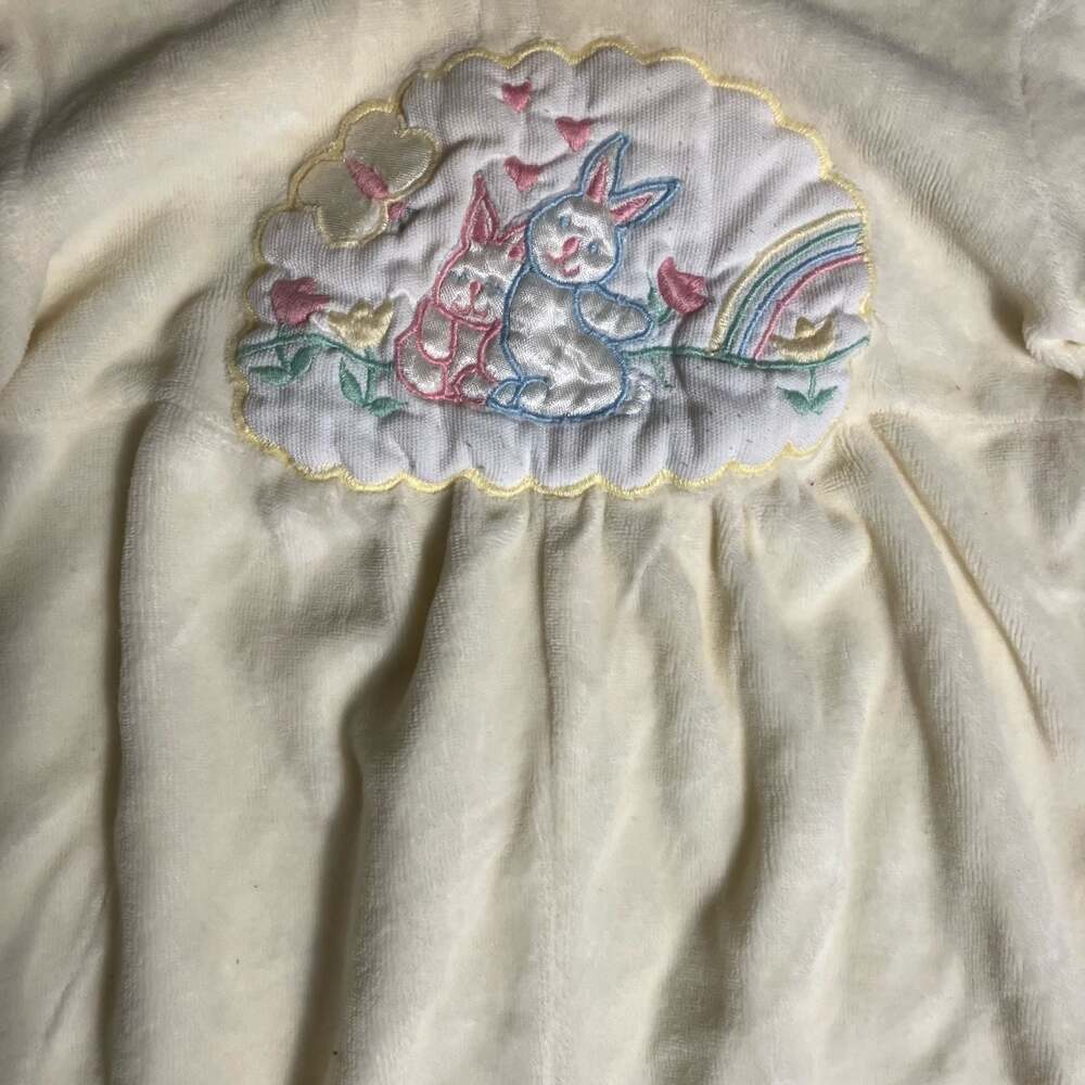 Vintage Yellow Velour Baby Footed Sleeper with Embroidered Easter Bunnies